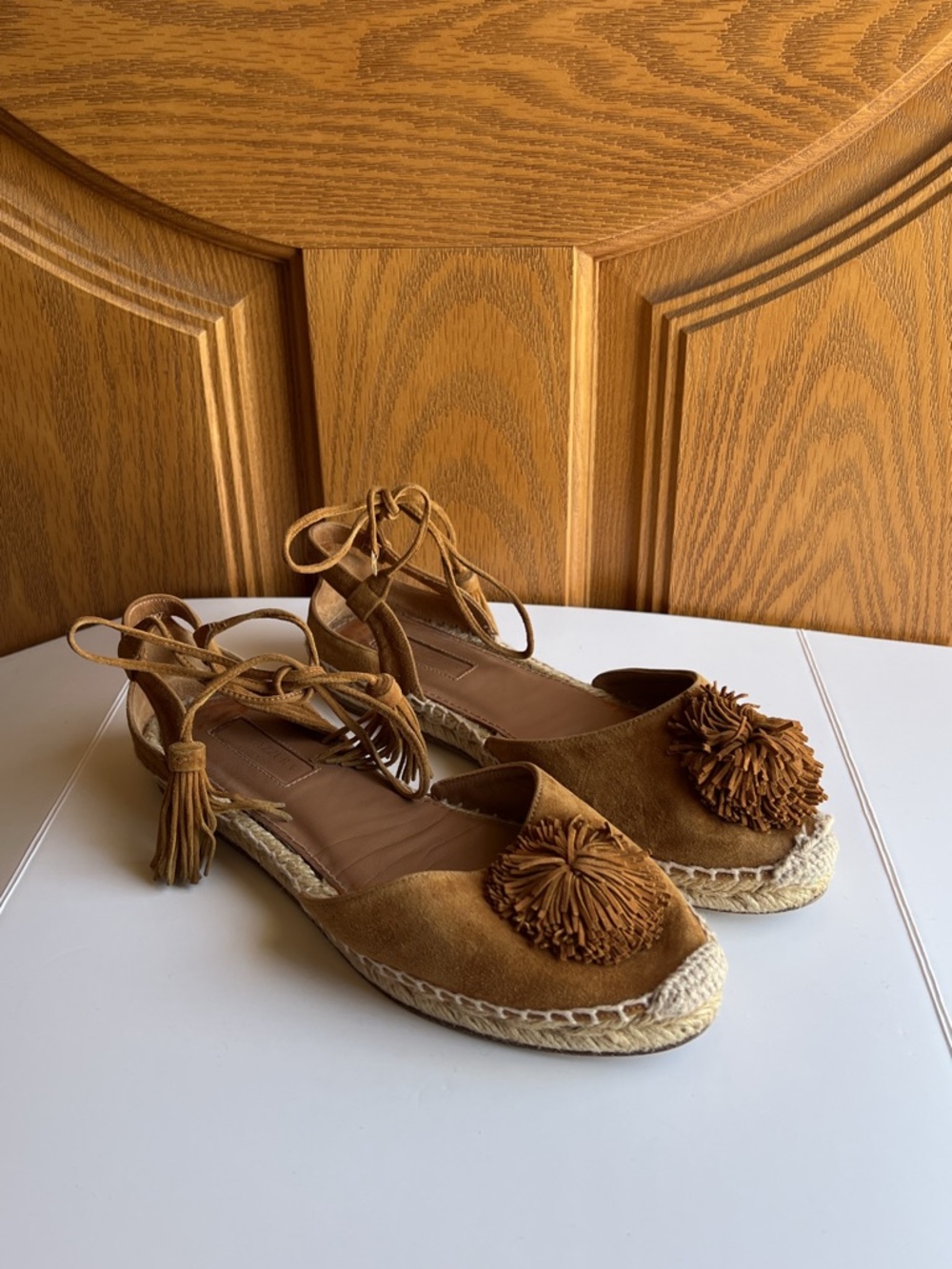 Aquazzura Suede Lace Up Espadrilles Cognac Brown Pom Pom Tassel Tropical
